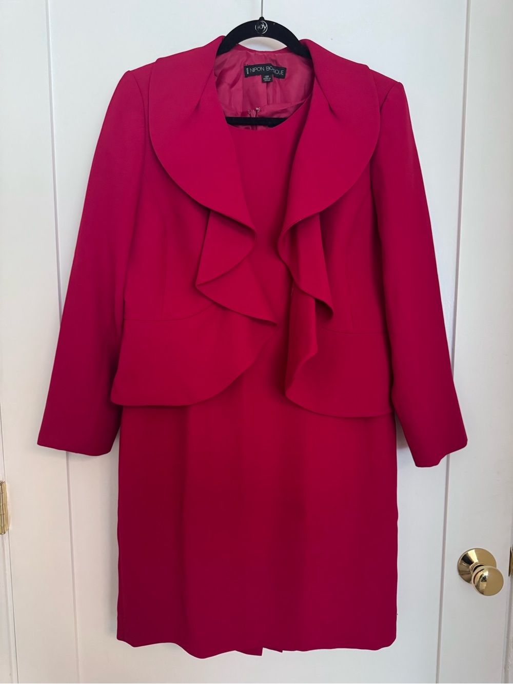 Albert Nipon Red Ruffle-Front Jacket with Matching Midi Dress